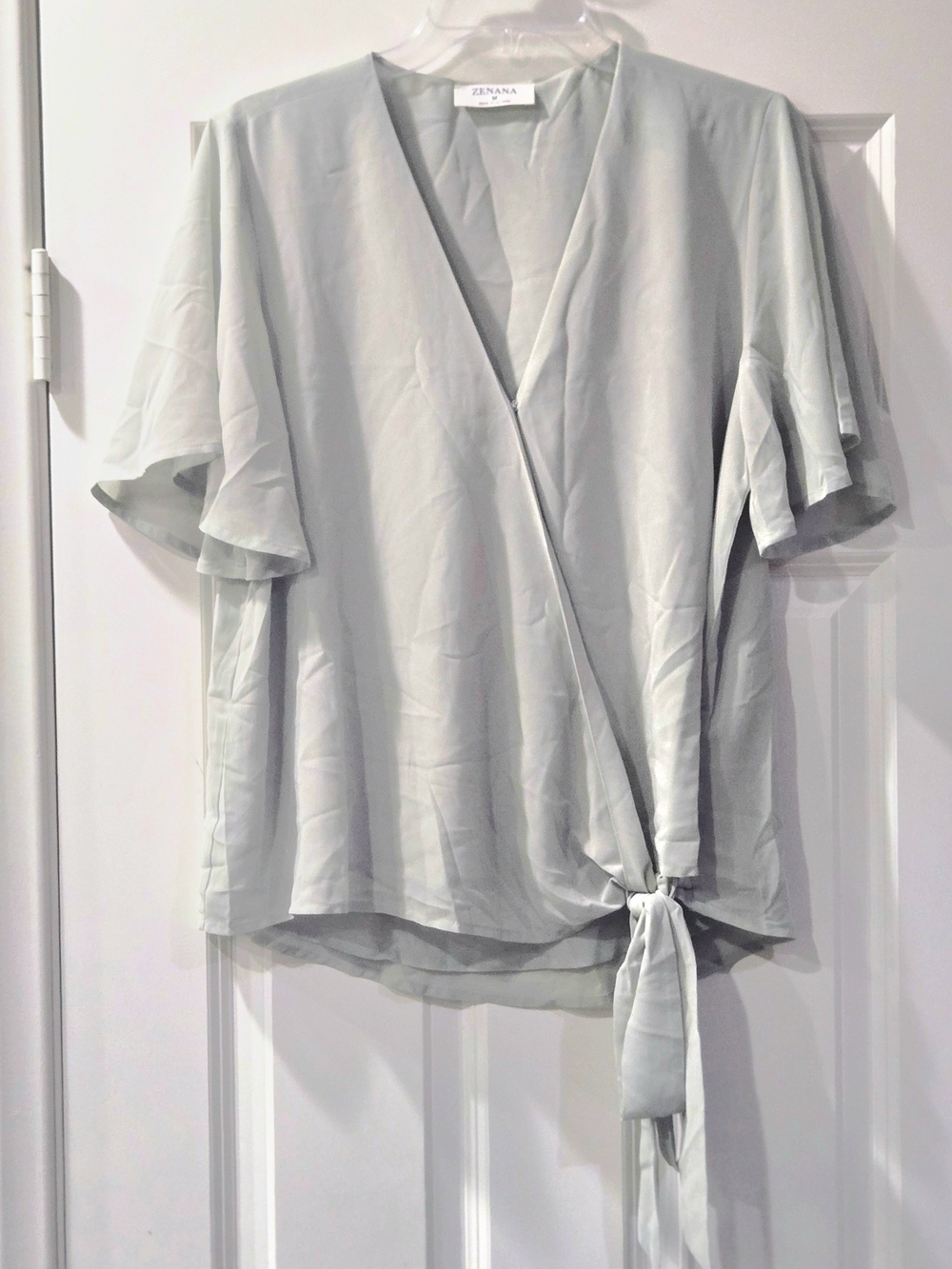 Zenana Outfitters Light Green Tie-Front Flutter Sleeve Blouse